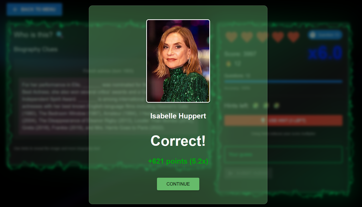 Correct answer feedback showing celebrity name and points earned